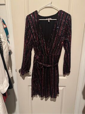 BCBGeneration Black Wrap Dress with Pink & Silver Sequin Stripes